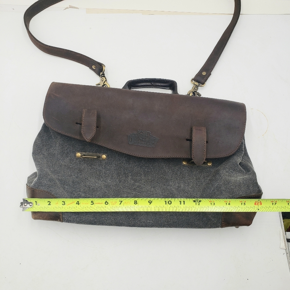 Cosset Calf Leather Canvas Messenger Bag Mens Womens Brown Grey Unisex Studded - Picture 14 of 16